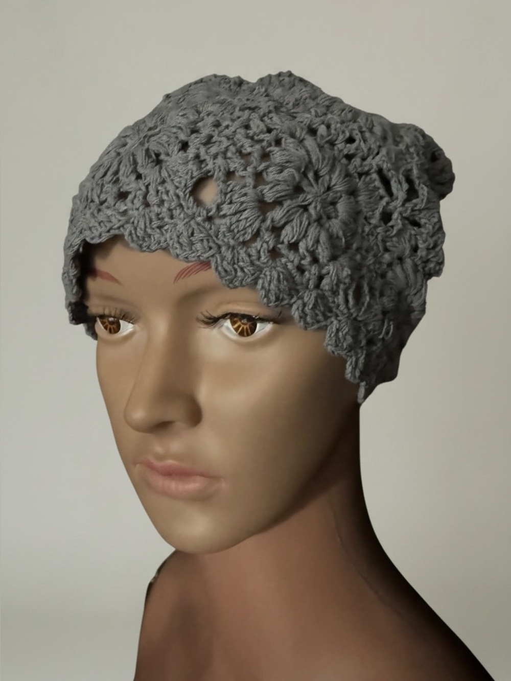 Handmade Crochet Floral Beanie Hat Gray Women One Size Boho Soft Knit Cap
